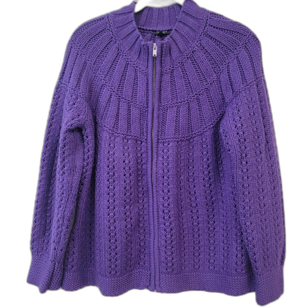 Talbots Purple Cable Knit Full-Zip Cardigan Sweater Size XL